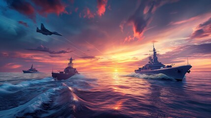 Military ships and jet against vibrant sunset skies.