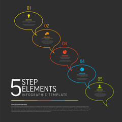 Five thin line simple colorful dark steps in speech bubbles diagonal process infographic template - 764774883