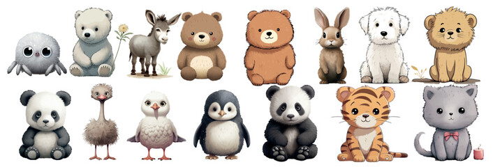 Adorable Collection of Cartoon Baby Animals, Perfect for Children’s Book Illustrations, Educational Content, and Nursery - obrazy, fototapety, plakaty