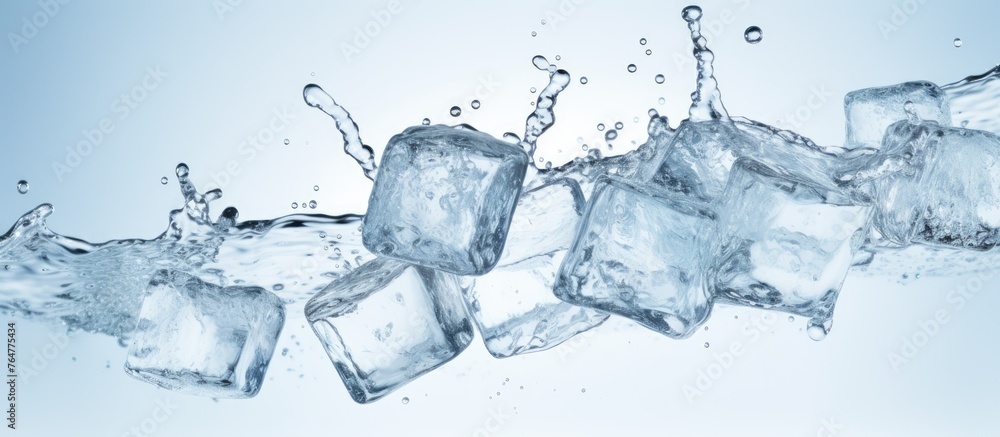 Poster ice cubes in a glass of water creating a refreshing splash, isolated on a white background