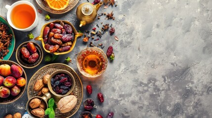 Ramadan kareem holiday table with dried dates, fruits, tea and decorations on stone background. Top view, flat lay - obrazy, fototapety, plakaty
