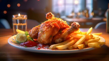 Roast chicken with french fries and ketchup on wooden table. - obrazy, fototapety, plakaty