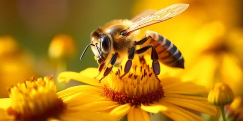 Fotobehang bee on a flower macro close-up Generative AI © València