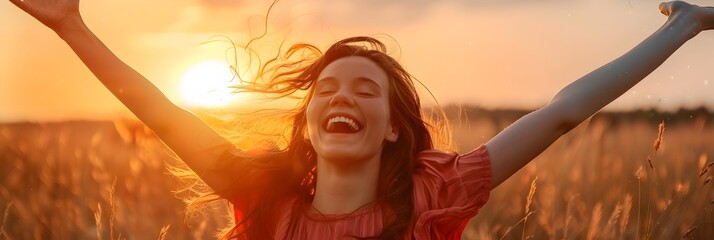 Radiant Woman Reveling in Unbridled Joy and Triumph Outdoors at Sunset - obrazy, fototapety, plakaty