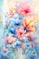 Watercolor floral background with hydrangea and hibiscus flowers