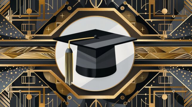 A graduation cap is central in this Art Deco-inspired image, surrounded by gold and black geometric patterns, exuding a sense of luxury and timeless elegance associated with academic achievements.