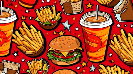 Seamless pattern with fast food and drinks. Vector illustration.