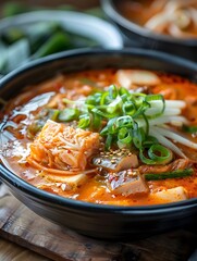 Simmering Korean Kimchi Pork Stew in a Vibrant Earthenware Bowl