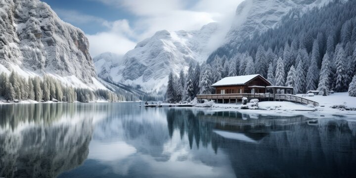 house on the lake in winter with mountains in the background Generative AI