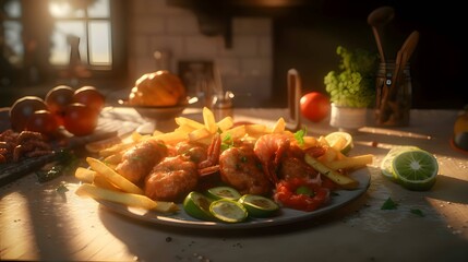 Fried prawns with french fries in the kitchen at sunset - obrazy, fototapety, plakaty