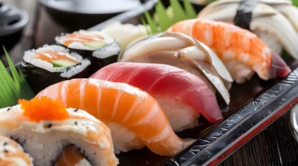 Fotobehang Sushi Platter with Sake Pairing - A Culinary Delight from the Shores of Japan © Mickey