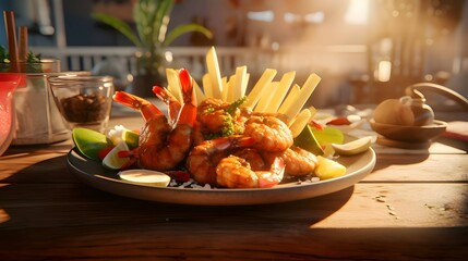 Fried shrimp with french fries on a wooden table in a restaurant - obrazy, fototapety, plakaty
