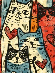 lino cut of pattern of cute little cats playing with hearts, muted colors, colorful, textured, patterned, fine art print, tile chaos 12 ar 3:4 stylize 185 v 60