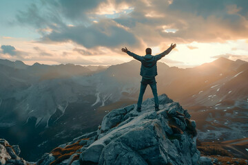 This breathtaking image captures the silhouette of a lone figure standing atop a towering,rugged mountain peak,arms raised in a triumphant pose as the sky is set ablaze with a stunning sunset The - obrazy, fototapety, plakaty