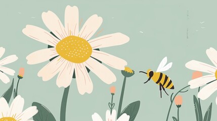 Simple yet elegant illustration of a bee approaching a daisy in a soft, pastel color scheme. - obrazy, fototapety, plakaty