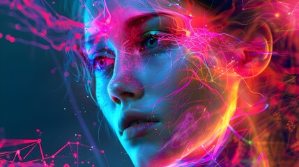 The portrait of a woman in neon tones interacting with neural networks reflects the perspectives of...