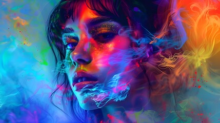 A portrait of a woman in neon colors against the background of neural networks embodies a modern...