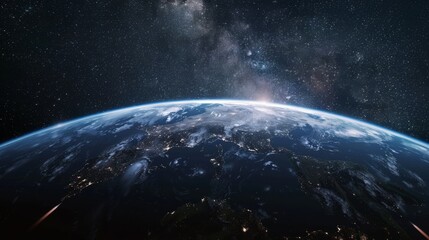 This is a striking view of Earth from space at night. The planet is illuminated by city lights, showing the continents and oceans in vivid detail.