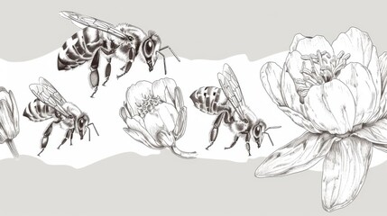 Delicate pencil drawings of bees and flowers, showcasing the intricate details of pollination in monochrome artistry.