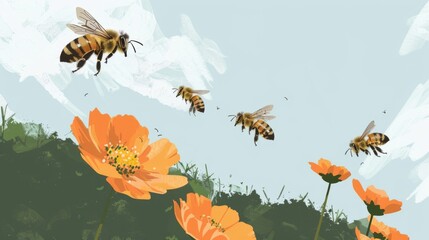 Bees flit around vibrant orange flowers under a serene sky, in a celebration of pollination and spring's arrival.