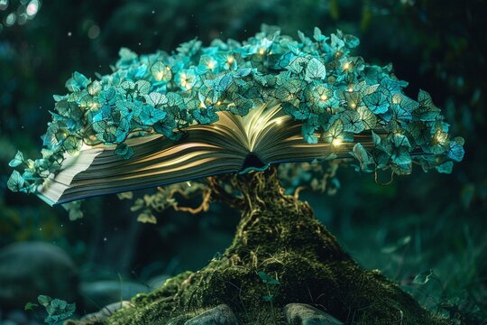 Fantasy tree made of books vibrant leaves of pages closeup enchanted light