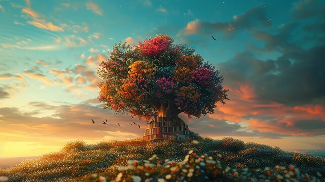 Whimsical book tree vibrant story leaves side view dreamy sunset backdrop