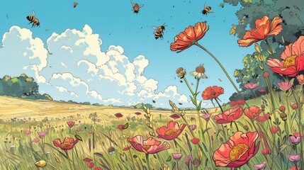 A panoramic view of bees buzzing around a meadow dotted with red poppies, set against a backdrop of fluffy clouds and a golden field.