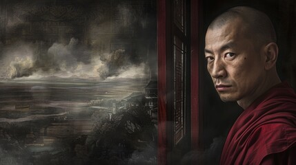 A monk's piercing gaze meets the viewer from a monastery window, set against a dramatic backdrop of stormy skies and ancient landscapes.