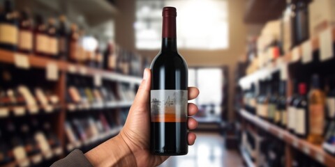 bottle of wine in hand at a wine store Generative AI