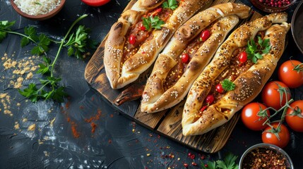 Ramadan Pita. Traditional Ramadan food as known Pide. Ramadan concept and background. Copy space and top view. - obrazy, fototapety, plakaty
