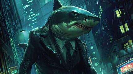 A formidable mafia shark in a sleek suit, patrolling the ocean depths with a dimly lit underwater city backdrop - obrazy, fototapety, plakaty