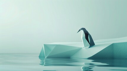 Obraz premium A serene scene of an origami penguin gliding gracefully across an ice mimic, set against a calming, solid pastel backdrop, embodying simplicity