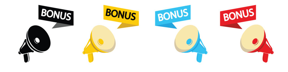 Male hand holding megaphone with bonus speech bubble. Loudspeaker. Banner for business, marketing and advertising. Vector illustration.