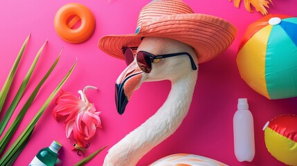 A stylish flamingo donning sunglasses and a widebrim hat, surrounded by summer essentials like a beach ball and sunscreen, on a vibrant pink background - obrazy, fototapety, plakaty