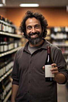 bottle of wine in hand at a wine store Generative AI