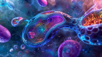 Artistic rendition of a cells interior, highlighting the endoplasmic reticulum, mitochondria, and vacuoles with a fluorescent palette - obrazy, fototapety, plakaty