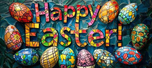 Happy easter greeting card with Easter Egg Stained Glass Art. Material for greeting cards with Happy Easter text and egg frame.