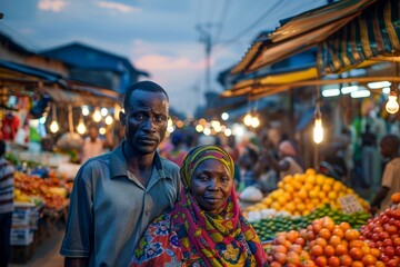 Vibrant Local Market Scene at Dusk with Bustling Shoppers and Colorful Produce Stalls