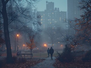 Joggers in Foggy City Park at Dawn,Wearing Pollution Masks for Protection in the Serene,Moody Atmosphere