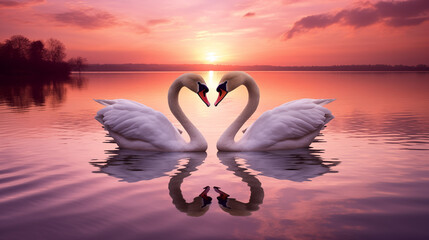 Deux cygnes face à face sur un lac, devant un beau coucher de soleil. Amour, forme de coeur. Animaux, sauvage, oiseau. Pour conception et création graphique.
