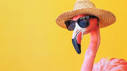 Cool flamingo in aviator sunglasses and a straw hat, chilling under the sun on a bright yellow background, summer vibes