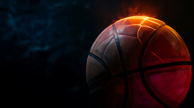 A basketball glows with a fiery rim against a shadowy, blue smoke backdrop.
