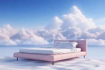 Cozy pink bed cloudy sky background. Concept of comfortable sleeping