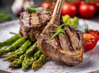 Grilled lamb chops with asparagus. British Cuisine Traditional Gourmet Dish.