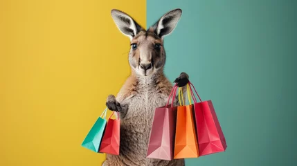 Rolgordijnen Fashionforward kangaroo with a collection of trendy shopping bags slung over its shoulder, on a minimalist solid color backdrop © Jenjira