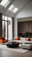 Villa living room, modern minimalist style, white walls with a few orange accents, exuding a sense of luxury