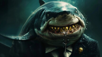 Imposing mafia shark, gold teeth glinting, in a dark suit under the oceans surface, danger and wealth aura - obrazy, fototapety, plakaty