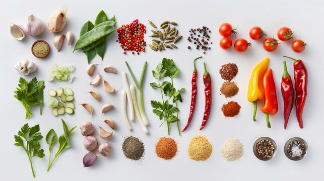 Highresolution image capturing an array of fresh food ingredients, from vibrant vegetables to spices, neatly arranged on a white background