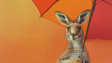 Fototapeten Kangaroo elegantly holding a vibrant umbrella, poised under a soft drizzle, set against a serene, solid color backdrop © Jenjira