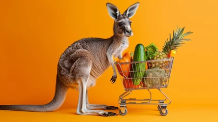 Foto op Plexiglas Kangaroo in casual attire pushing a shopping cart loaded with fresh produce and goods, on a clean solid color background © Jenjira